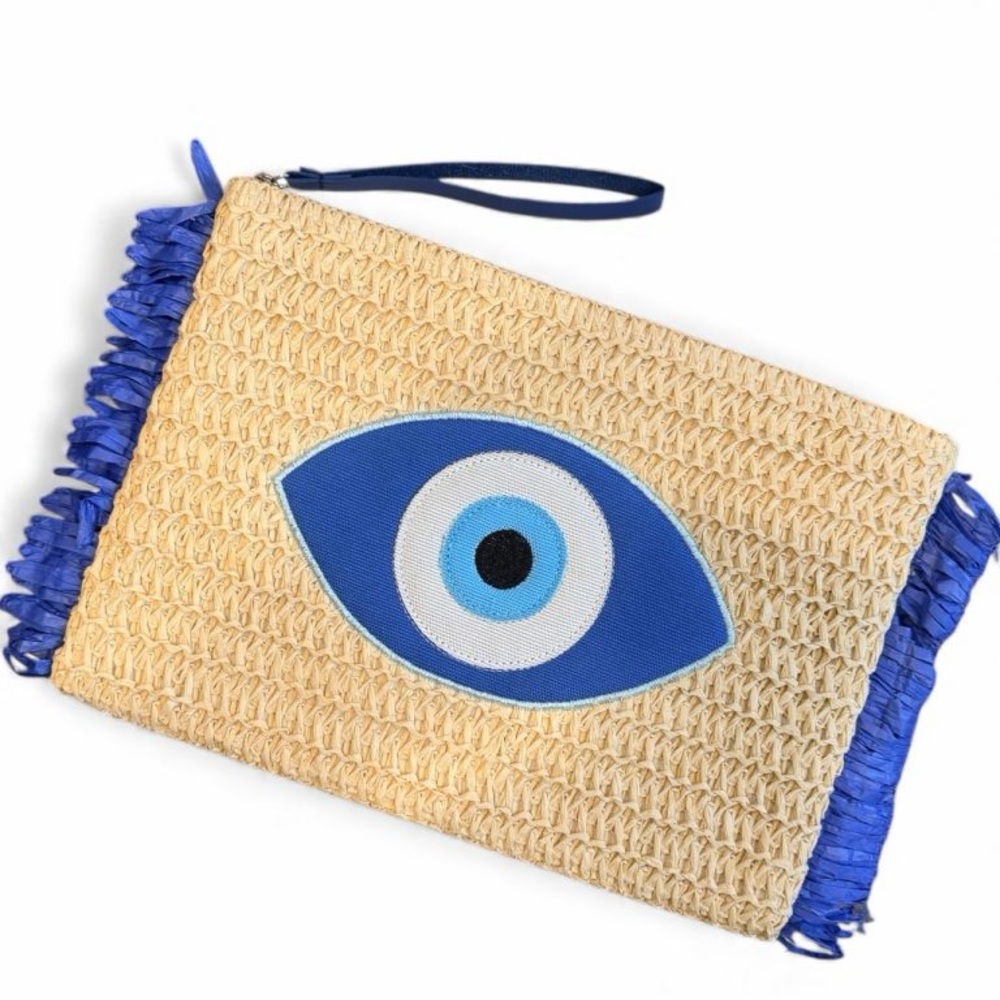 Mykonos Breeze Evil Eye Raffia Clutch Woven Clutch with Blue Evil Eye Design